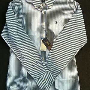 Ralph Lauren Men's Blue and White Striped Dress Shirt
